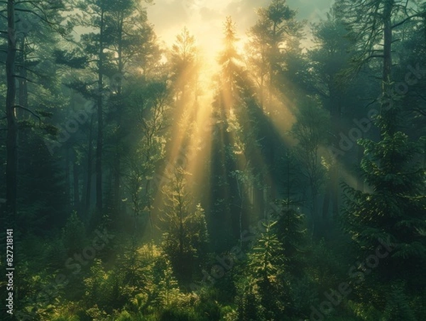 Fototapeta Aerial Perspective of Enchanted Forest Bathed in Golden Sunlight in 8K Resolution