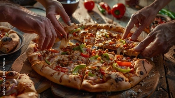 Fototapeta The pizza being shared.