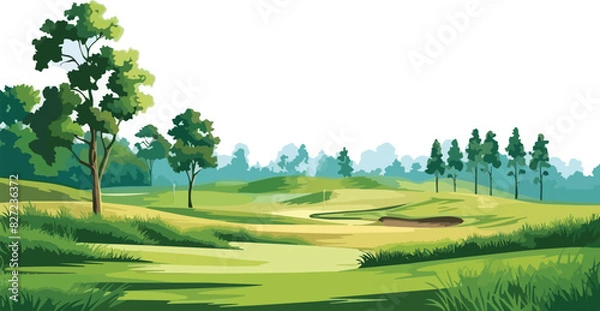 Obraz Illustration of a beautiful golf course with green grass and trees.