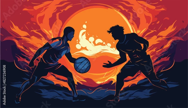 Fototapeta basketball player in action on the background of the sunset. vector illustration