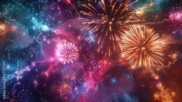 Fototapeta Night sky, fireworks burst in a dazzling display of colors and light. 