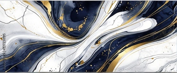Fototapeta Abstract Marble Wave Acrylic Background. Unique texture of black and old blue Marble with golden Ripple Pattern.