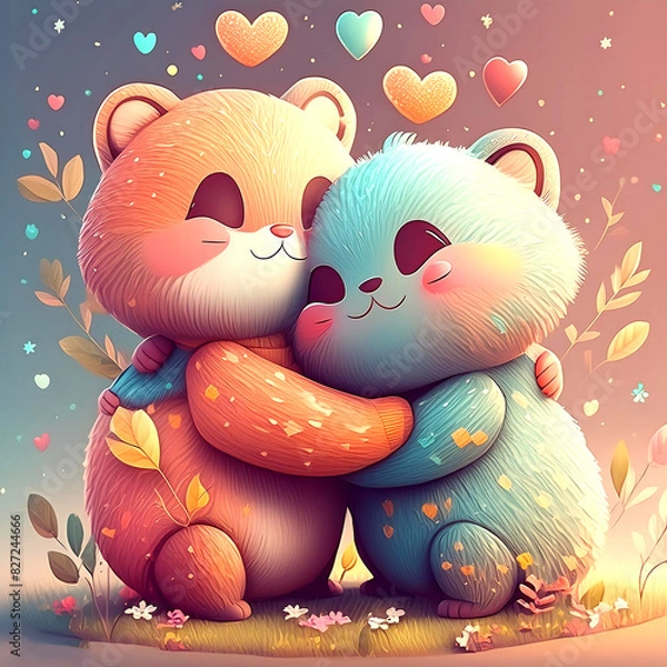 Obraz Cute cartoony characters hugging