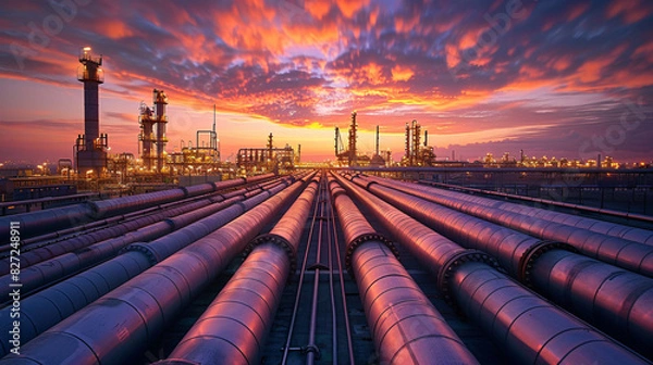 Fototapeta Evening view of a natural gas processing plant with towering chimneys and storage tanks