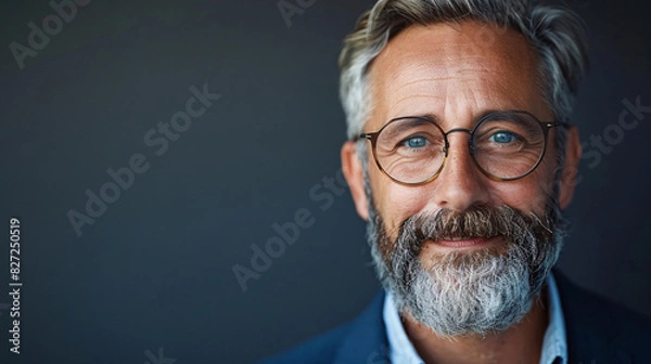 Fototapeta Friendly businessman with a beard and eyeglasses, looking happy with copyspace