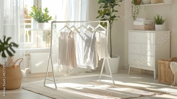 Fototapeta Bright and Airy Laundry Room with Hanging Clothes and Natural Light
