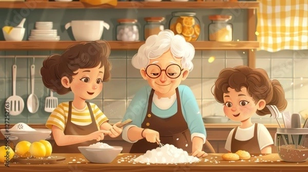 Fototapeta A grandmother baking cookies with her grandchildren, with flour and ingredients spread out on the kitchen counter cartoon Vector Illustration
