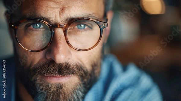 Fototapeta Successful male model with a beard and glasses, looking attractive and confident