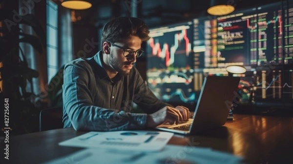 Obraz Entrepreneur analyzing stock market trends on a laptop, with documents and graphs spread on the desk,emphasizing the significance of secure investment