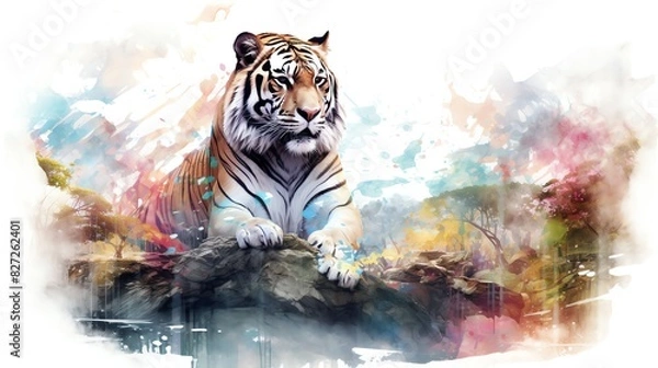 Fototapeta A watercolor painting of a tiger sitting on a rock in front of a colorful mountain landscape