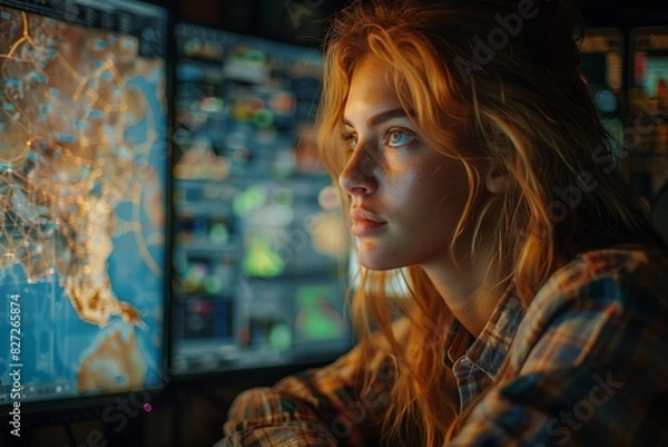 Obraz A focused woman working with GIS software on a computer, analyzing geographical data on multiple screens.