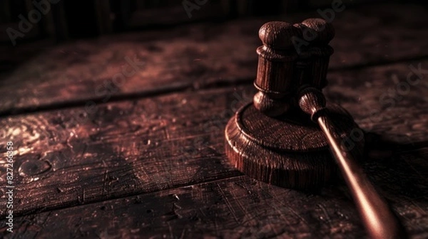 Fototapeta Realistic Wooden Gavel on Dark Marble Background Symbolizing Law and Authority, Generative AI