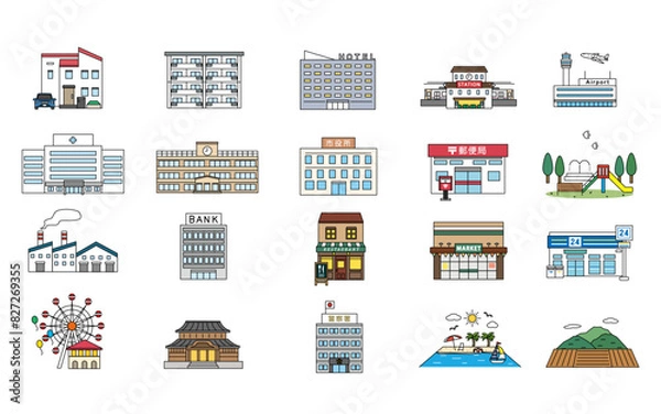 Obraz シンプル施設や建造物のイラストセット