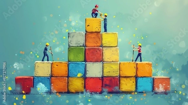 Fototapeta A drawing of a team building a tower of blocks, symbolizing constructing a solid business foundation.