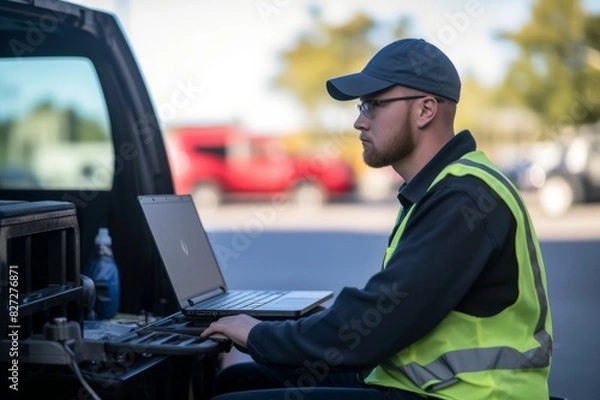 Obraz task management and organizational capabilities skill in a field service engineer. a male field service engineer using a laptop on a car roof to diagnose equipment problems and determine 