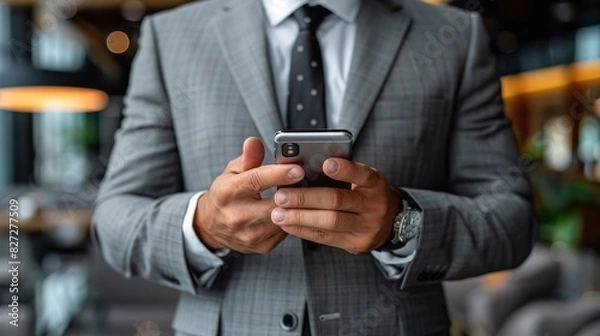 Fototapeta young businessman ceo bank worker employee freelance financial advisor in formalwear using smartphone cellphone for online mobile applications
