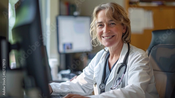 Obraz Middle-aged female clinician smiling while using telehealth technology