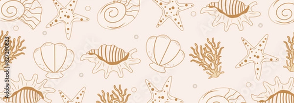Fototapeta Cute vector pattern with beach seashells. Ocean exotic tropical underwater shell, aquatic mollusk, sea spiral snail, starfish for banners, cards, flyers, wallpapers, textiles, social media.