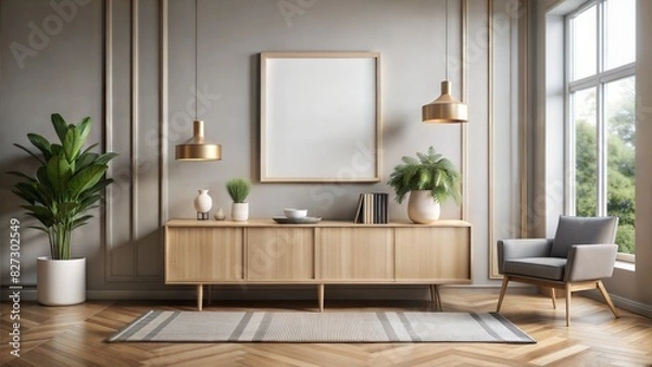 Fototapeta minimalist Contemporary interior design of living room with wooden sideboard and mock up poster. Home interior background. Empty frame. 3d rendering