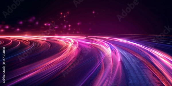 Fototapeta A minimalistic background with blurred light trails in purple and pink, speed motion. Pink and purple neon light trails in motion creating a dynamic and futuristic visual experience