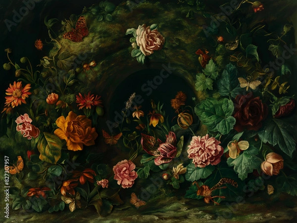 Obraz Surreal art fantasy scene secret mysterious garden of flowers and plants, peonies, tulips, roses, orchids, fruits, mushrooms. Baroque, renaissance style, rich colors, dramatic lighting, oil painting