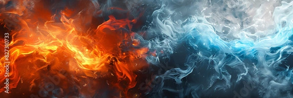 Fototapeta Blue and red flames colliding with particles in motion creating a dramatic and intense visual effect.banner