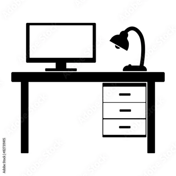 Fototapeta Desktop or workplace vector icon. Table with computer and lamp