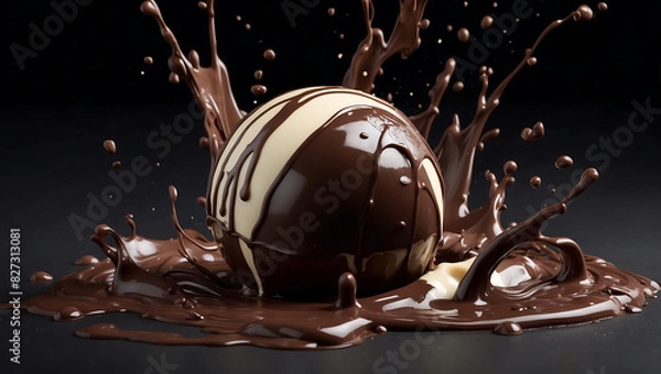 Fototapeta World chocolate day, A decadent chocolate truffle splashes into a pool of melted chocolate, sending droplets and smaller chocolate balls into the air