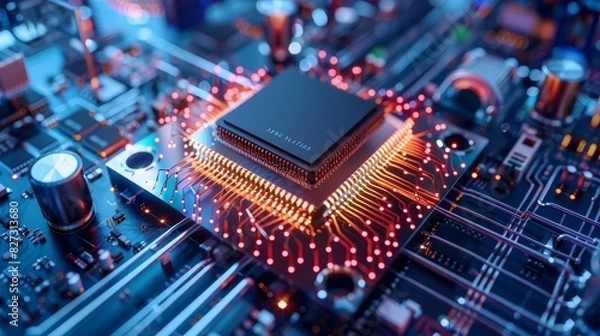 Fototapeta High-Tech Microchip Processor Core Illuminated by Neon Lights