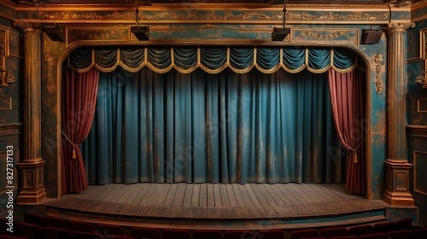 Obraz theater stage with red curtains. Vector classic theatre scene for performance, opera, concert, dance or music show. Background with glowing spotlights illumination on wooden floor and stairs