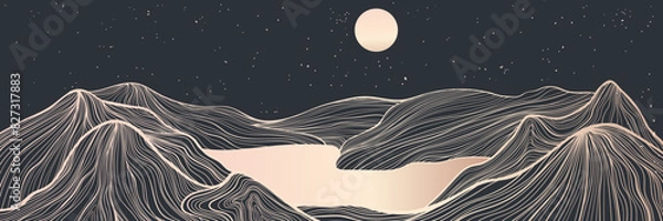 Obraz Abstract luxury gold landscape illustration with mountines,lake, night sky and moon in line art style.  Best for deign invitation, packaging design, wall art, banner or cover. Vector illustration.