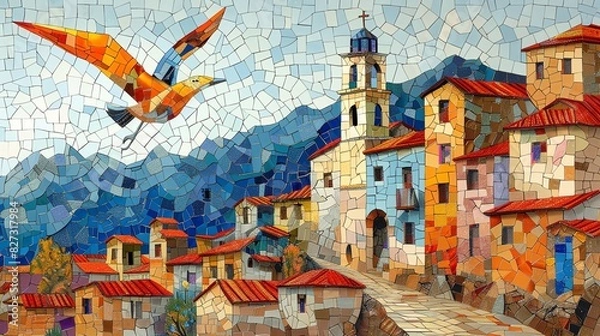 Obraz Colorful mosaic artwork depicting a picturesque Italian village with a flying bird.