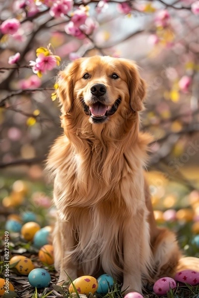 Fototapeta Golden retriever surrounded by colorful Easter eggs in a blooming orchard, sunny day