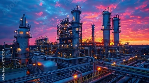 Fototapeta industrial furnace and heat exchanger cracking hydrocarbons in factory on sky sunset background close up of equipment in petrochemical plant