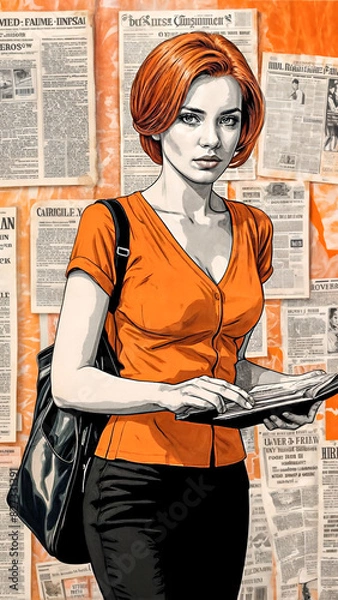 Fototapeta Redheaded Reporter: Headline Hunt with Fiery Determination