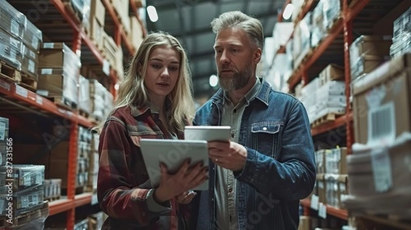 Fototapeta a distribution warehouse manager and a client businesswoman assess inventory storage on a shelf using a digital tablet at the storage room a storehouse supervisor worker with