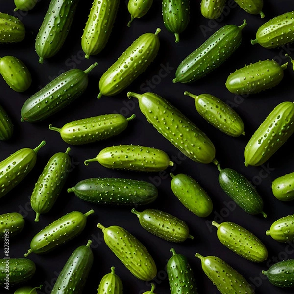 Fototapeta Green cucumbers on a dark background in a pattern, creating a striking visual contrast.