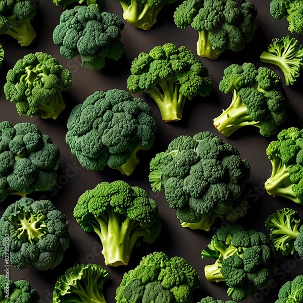 Fototapeta Green broccoli on a dark background in a pattern, creating a striking visual contrast.