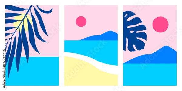 Fototapeta Summer nature landscape poster. Set of isolated cards with sea view, sunny beach, mountains and tropical leaves. Vector illustration in minimalist flat style