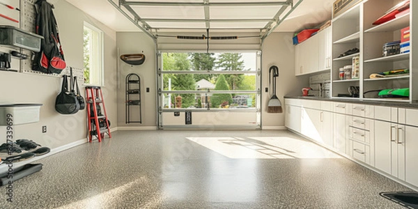 Fototapeta Spacious and clean garage interior illuminated by daylight with an open door