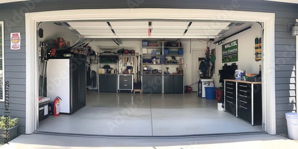 Fototapeta A residential garage shown with its wide door open revealing well-organized contents
