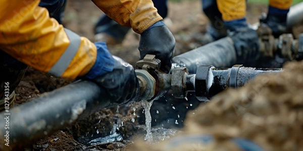 Fototapeta Team of workers collaboratively repairing a leaking underground water pipe in muddy conditions