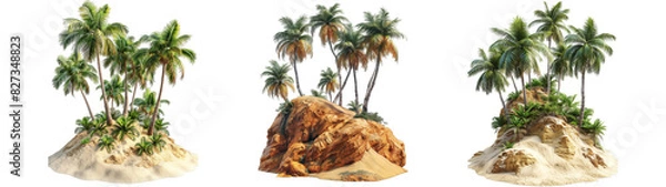 Obraz Cluster of palm trees growing on small sand dunes and rocky formations with lush green leaves and dense foliage, representing tropical vegetation and island landscapes on a transparent background.