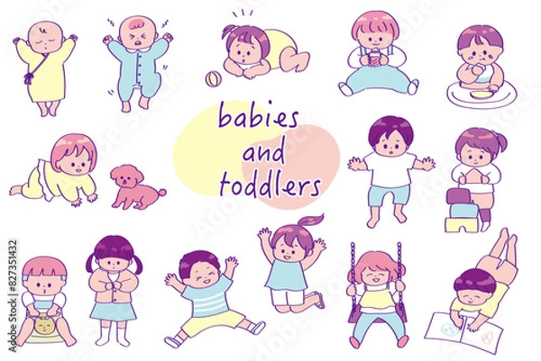 Fototapeta 赤ちゃんと幼児の可愛い手書きのイラストセット　ピンク系