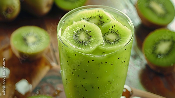 Fototapeta Healthy eating - green vitamin smothie with kiwi vegetables, Detox healthy drink for energhy,Preparation of fruit drink with kiwi and mint,Healthy fresh kiwi smoothie in glass