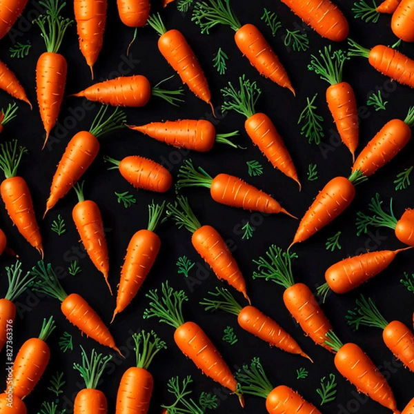 Fototapeta Orange carrots with green stems on a dark background in a pattern, creating a striking visual contrast.