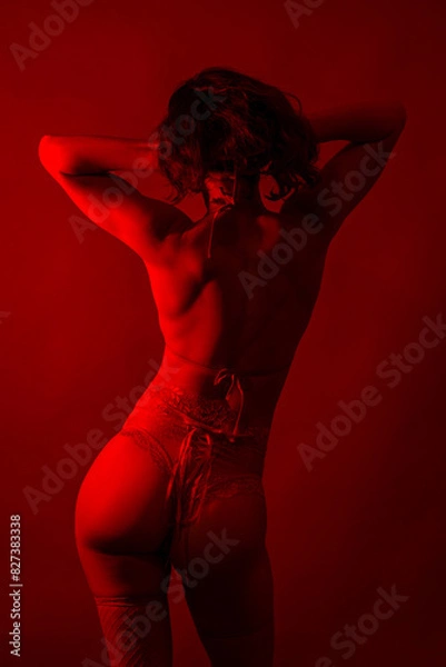 Obraz Back view of a woman in lingerie under red lighting, posing sensually with hand in hair.