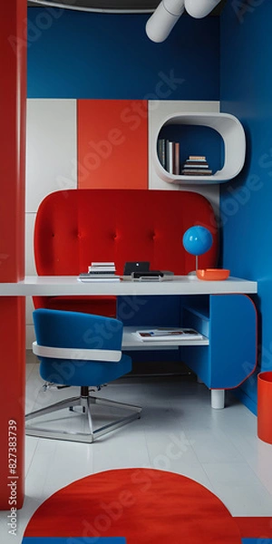 Fototapeta An open-concept office with a vibrant color scheme, featuring bold pops of red and blue against a backdrop of neutral tones. The furniture is modern and ergonomic, designed for both style