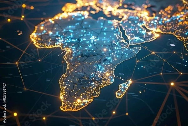Obraz Digital Map of Africa Network Connection created with Generative AI