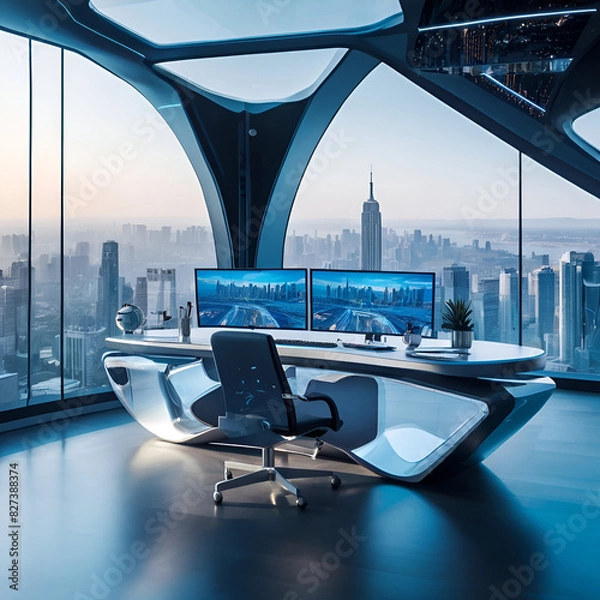 Fototapeta A futuristic office space, with holographic screens and floating desks that give the illusion of a weightless environment. The walls are made of glass, providing a stunning view of the city skyline.